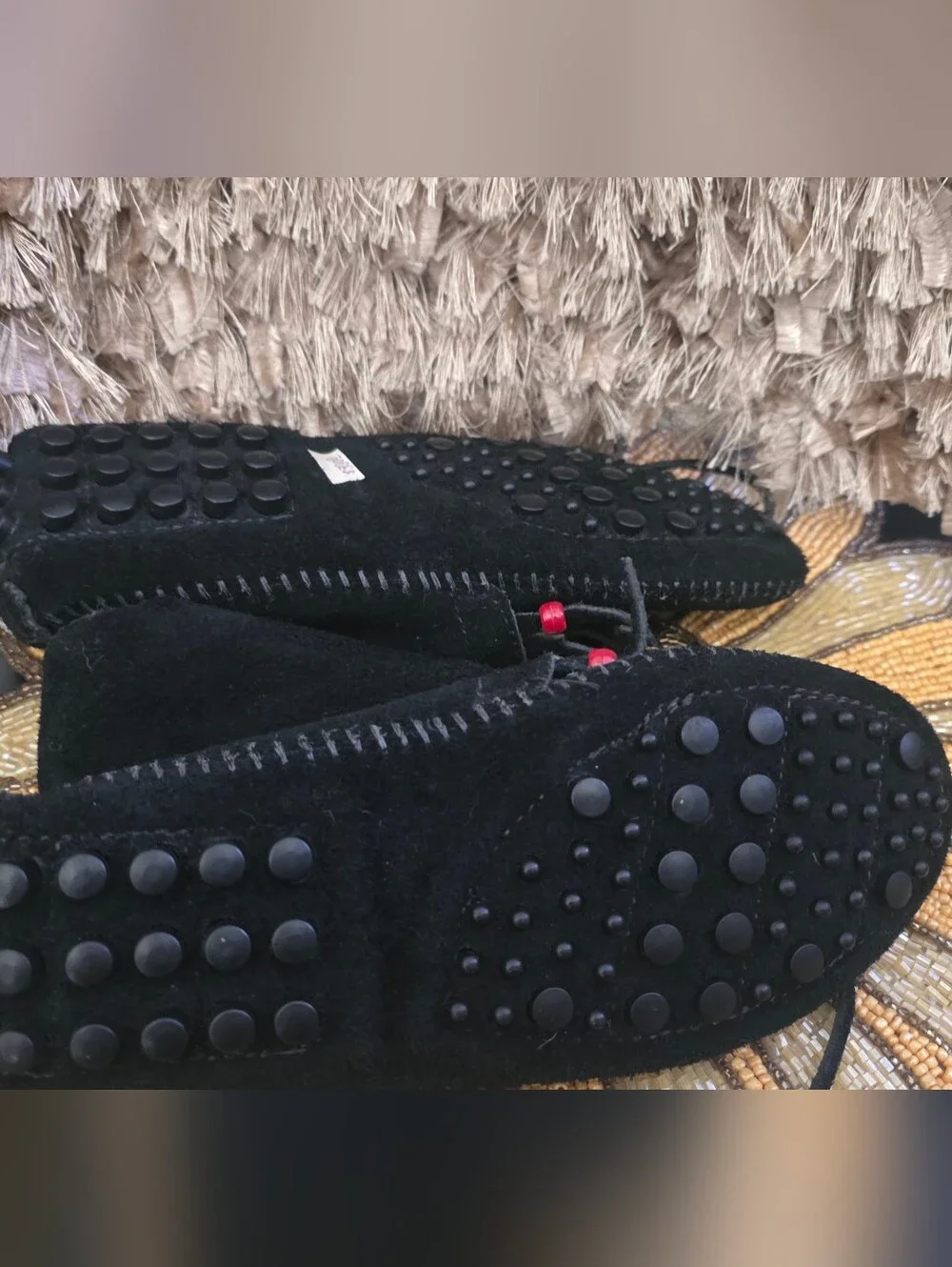 Black Suede Fringe Moccasin Sandals with Color Beads - Picture 4 of 4